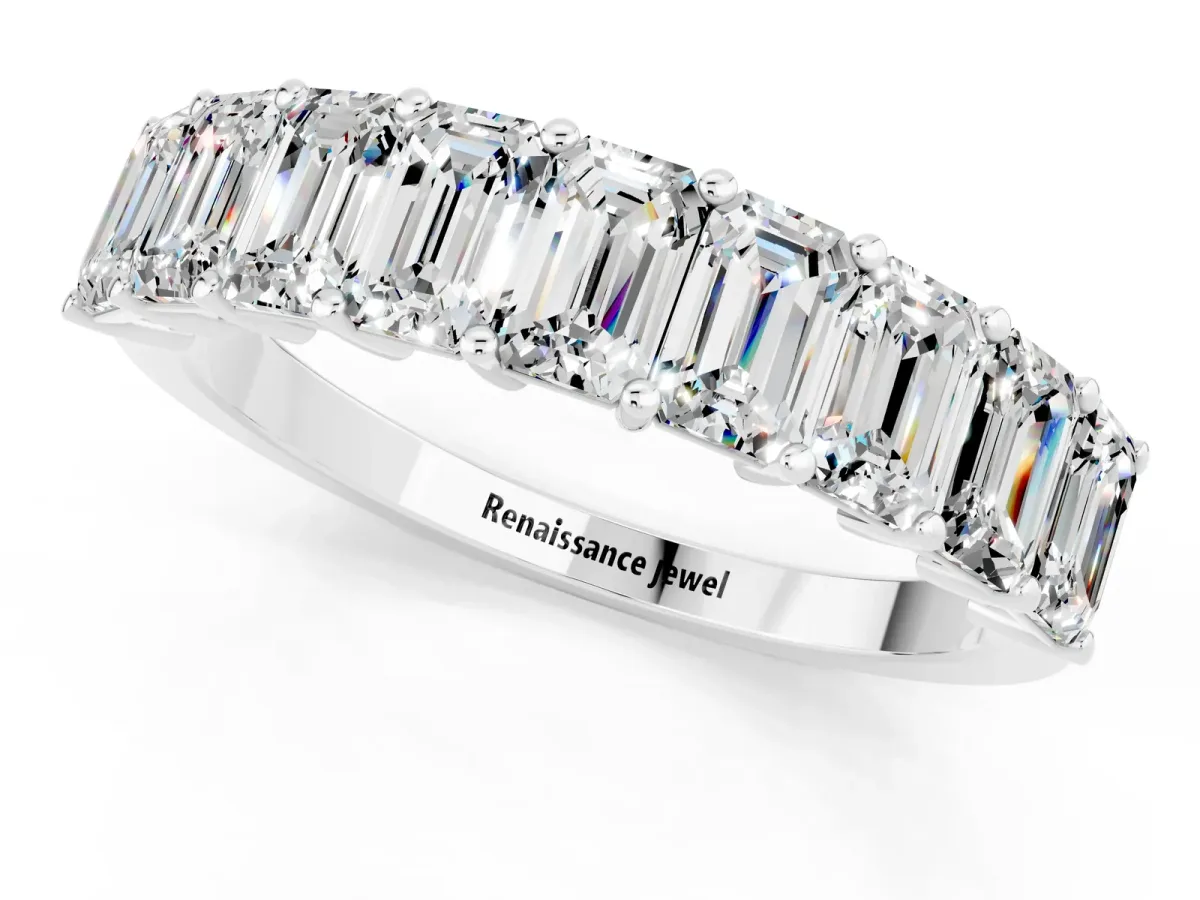 Emerald Cut Moissanite Prong-Set Eternity Band Silver