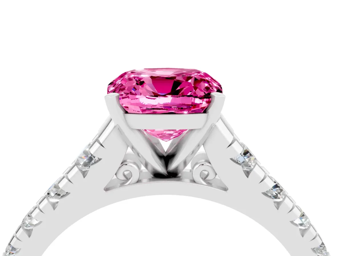 Cushion Cut Pink Sapphire Cathedral Solitaire Ring with Round Pavé Band Silver