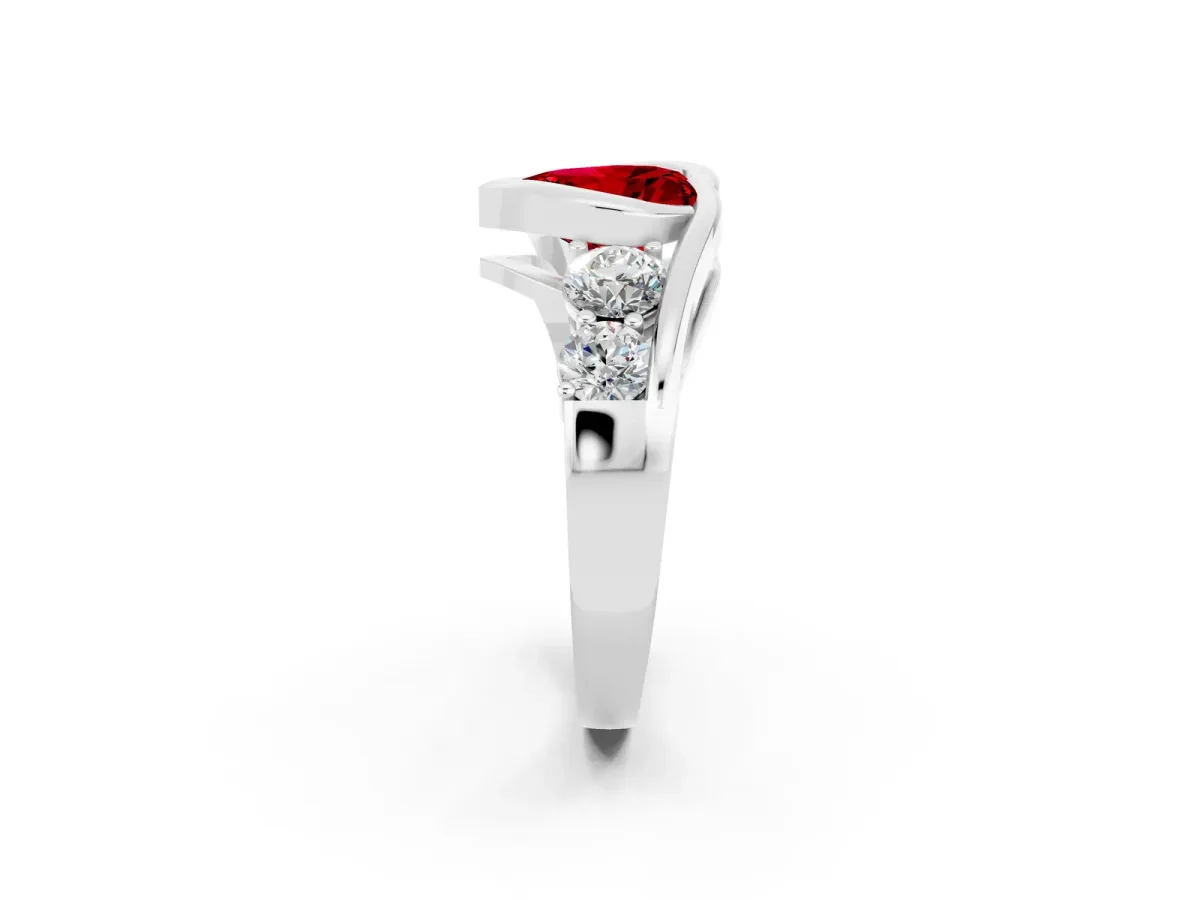 Bezel Set Heart Cut Ruby Bypass Ring with Round Accents Platinum