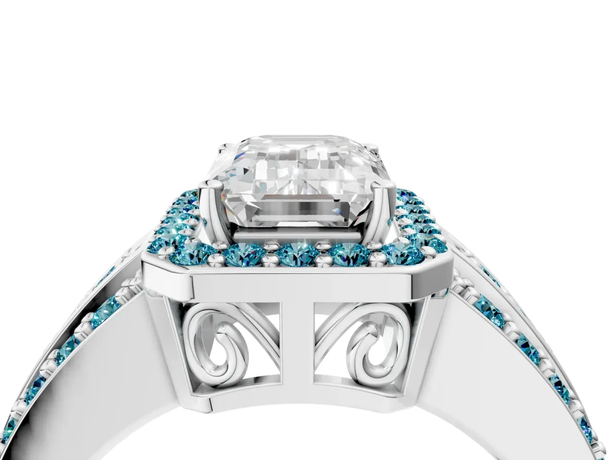 Emerald Cut Halo Diamond Ring with Round Blue Topaz Split Shank and Prong Setting Silver