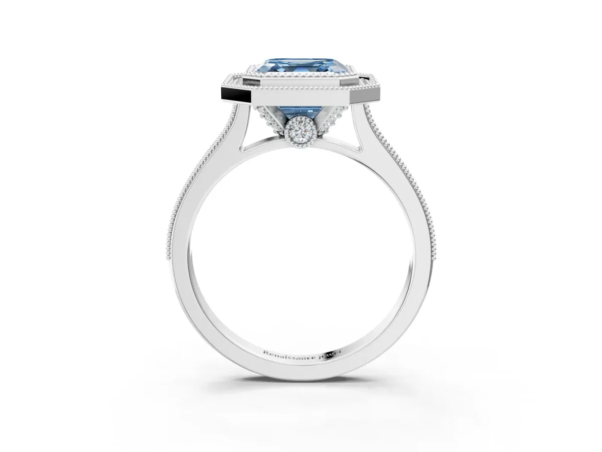 Fancy Blue Halo Asscher Cut-Cut Diamond Pave Band Milgrain Prong Setting Ring Platinum