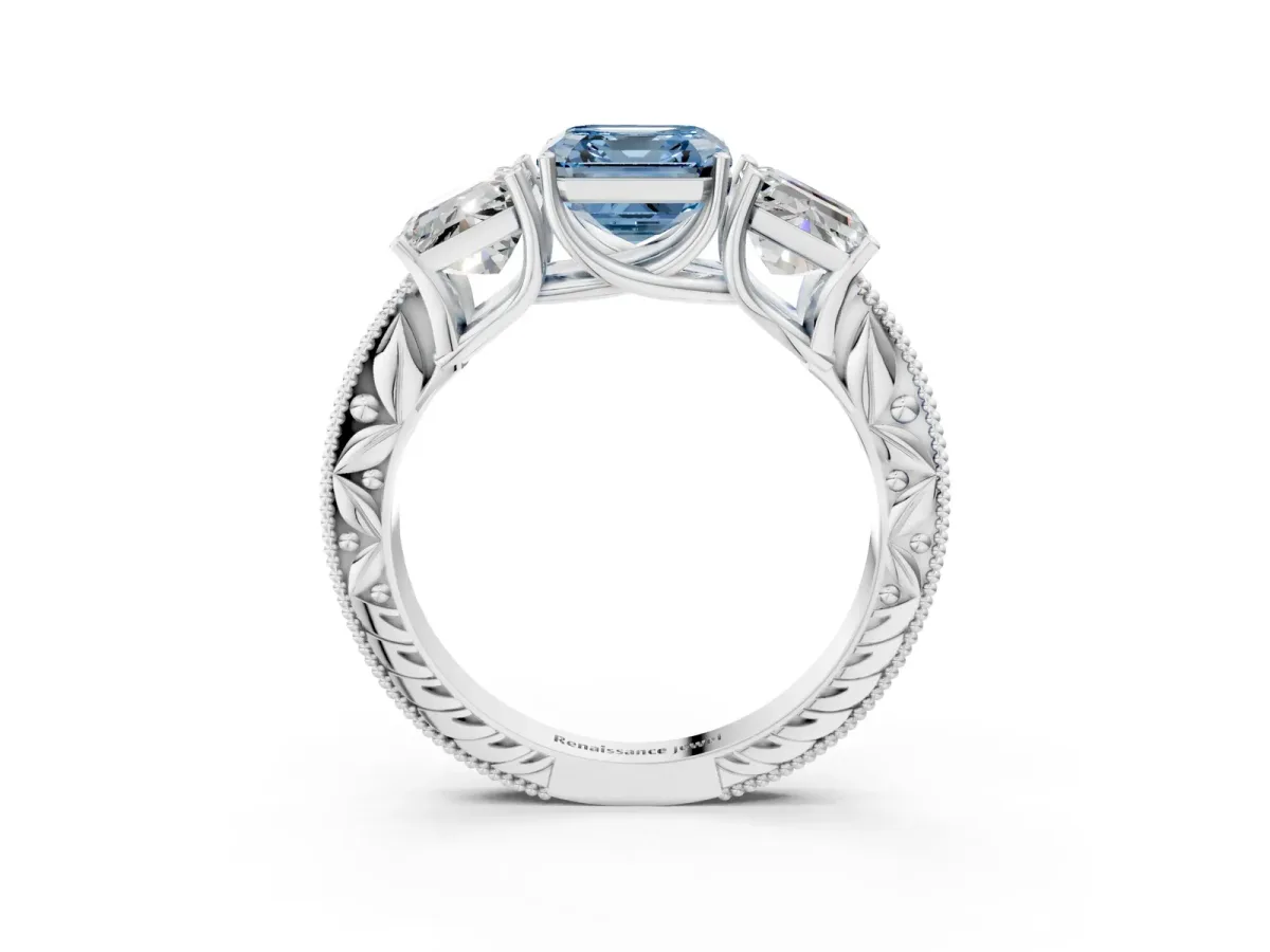Fancy Blue Three-Stone Asscher Cut Cut Milgrain Pavé Engagement Ring Platinum