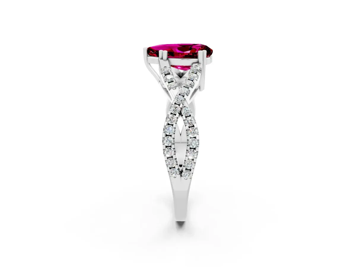 Pear Cut Garnet Solitaire Ring with Four-Prong Setting and Twisted Pavé Band Platinum