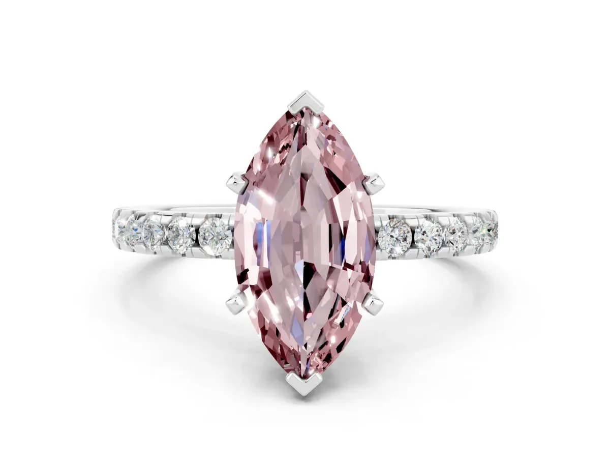 Marquise Cut Morganite Solitaire Ring with Round Pavé Band and Four-Prong Setting Silver