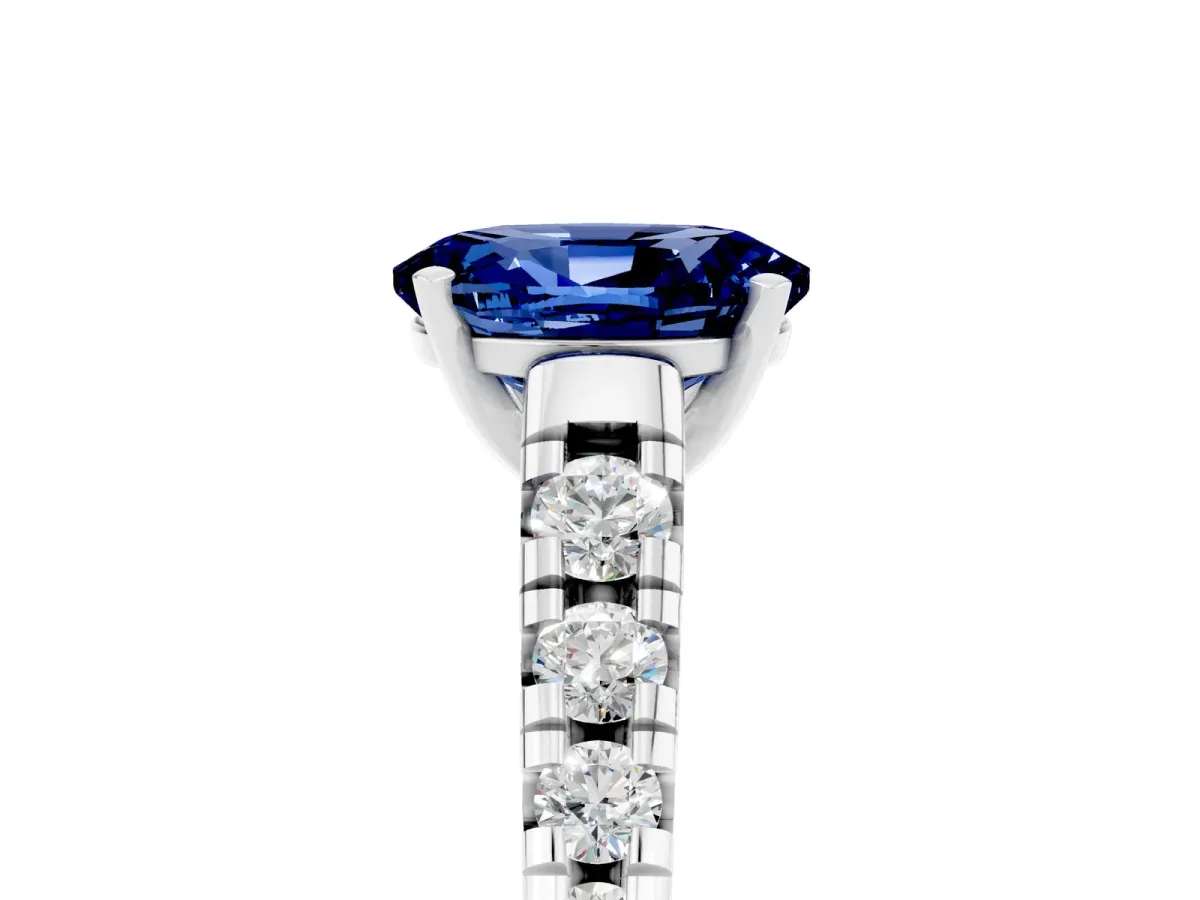 Oval Cut Blue Sapphire Cathedral Solitaire Ring with Round Pavé Band Silver
