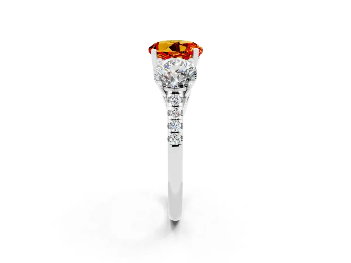 Three-Stone Round Cut Citrine Ring with Round Pavé Band and Prong Setting Platinum