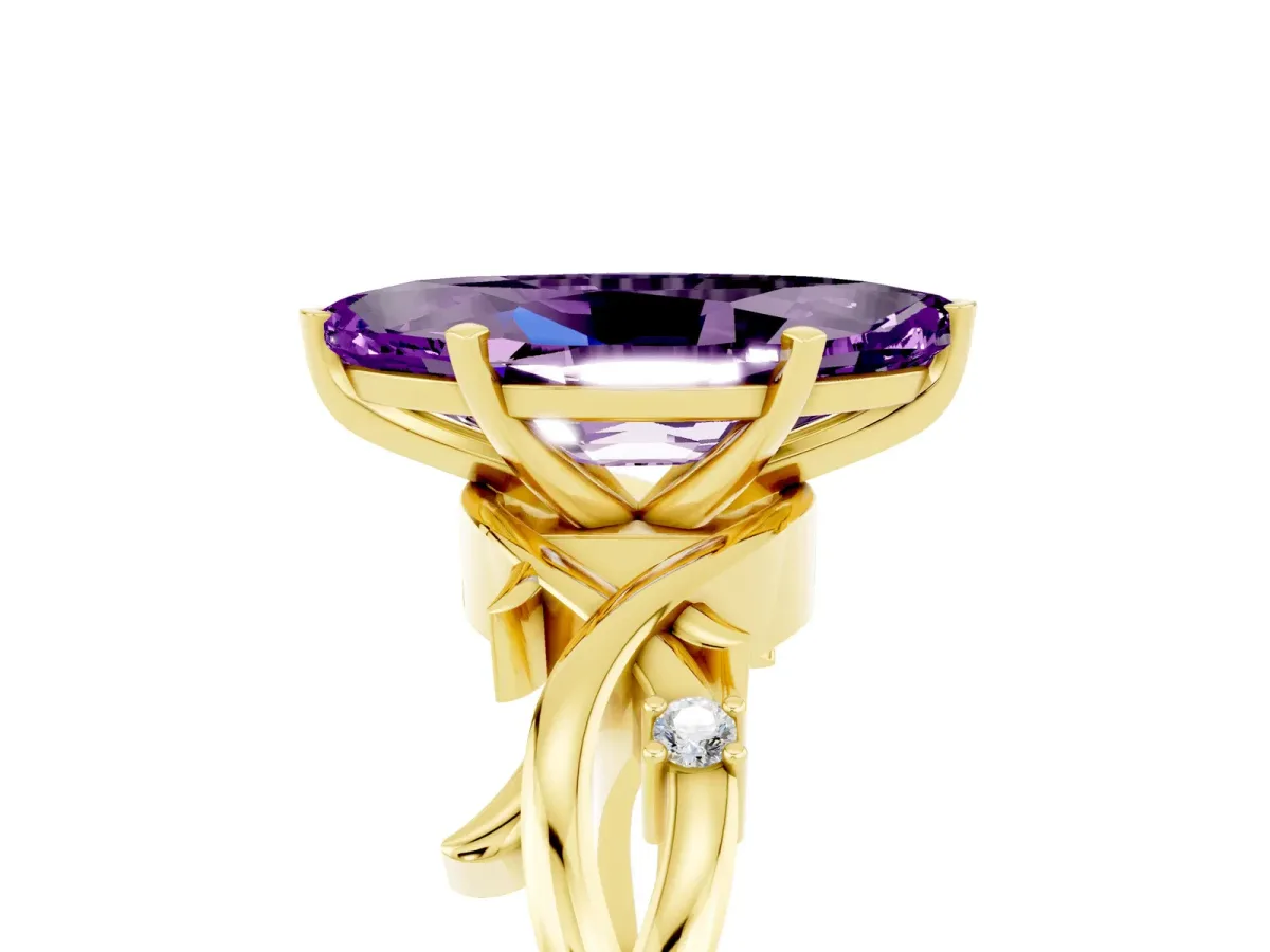 Marquise Cut Amethyst Solitaire Ring with Twisted Band and Prong Setting Yellow gold