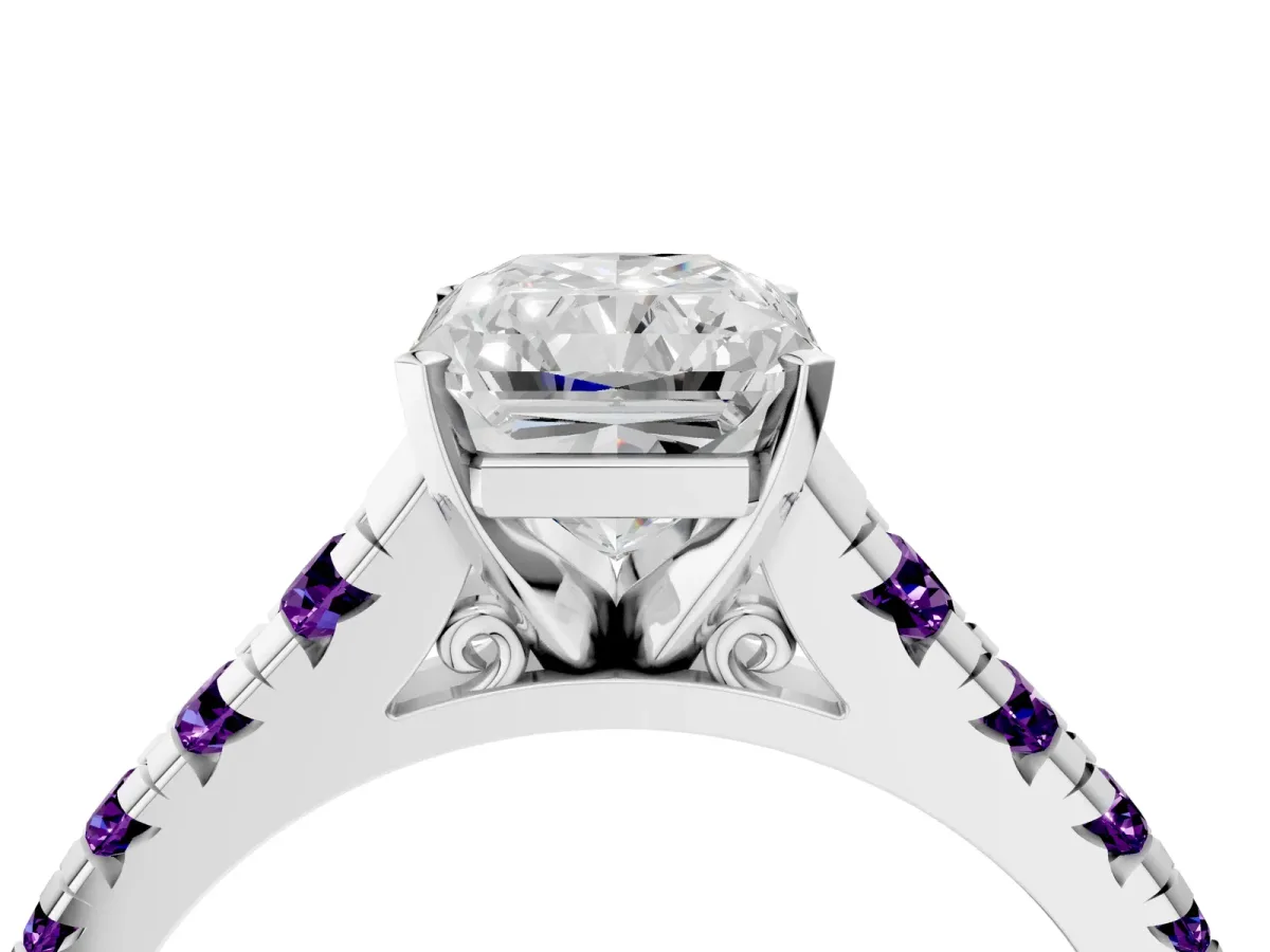 Radiant Cut Diamond Cathedral Solitaire Ring with Round Amethyst Pavé Band Silver