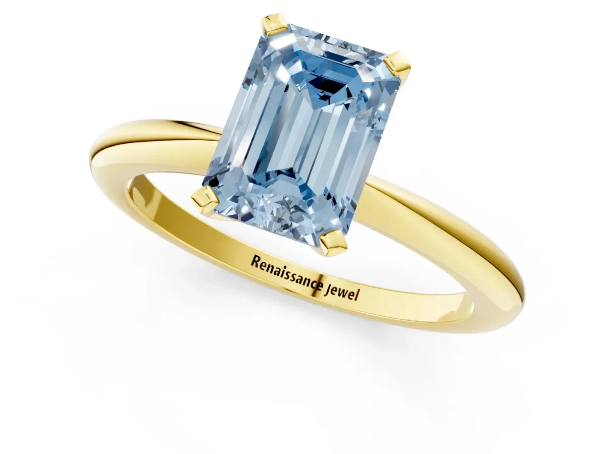 Fancy Blue Emerald Cut Diamond Solitaire Ring with Six-Prong Setting and Classic Band Yellow gold