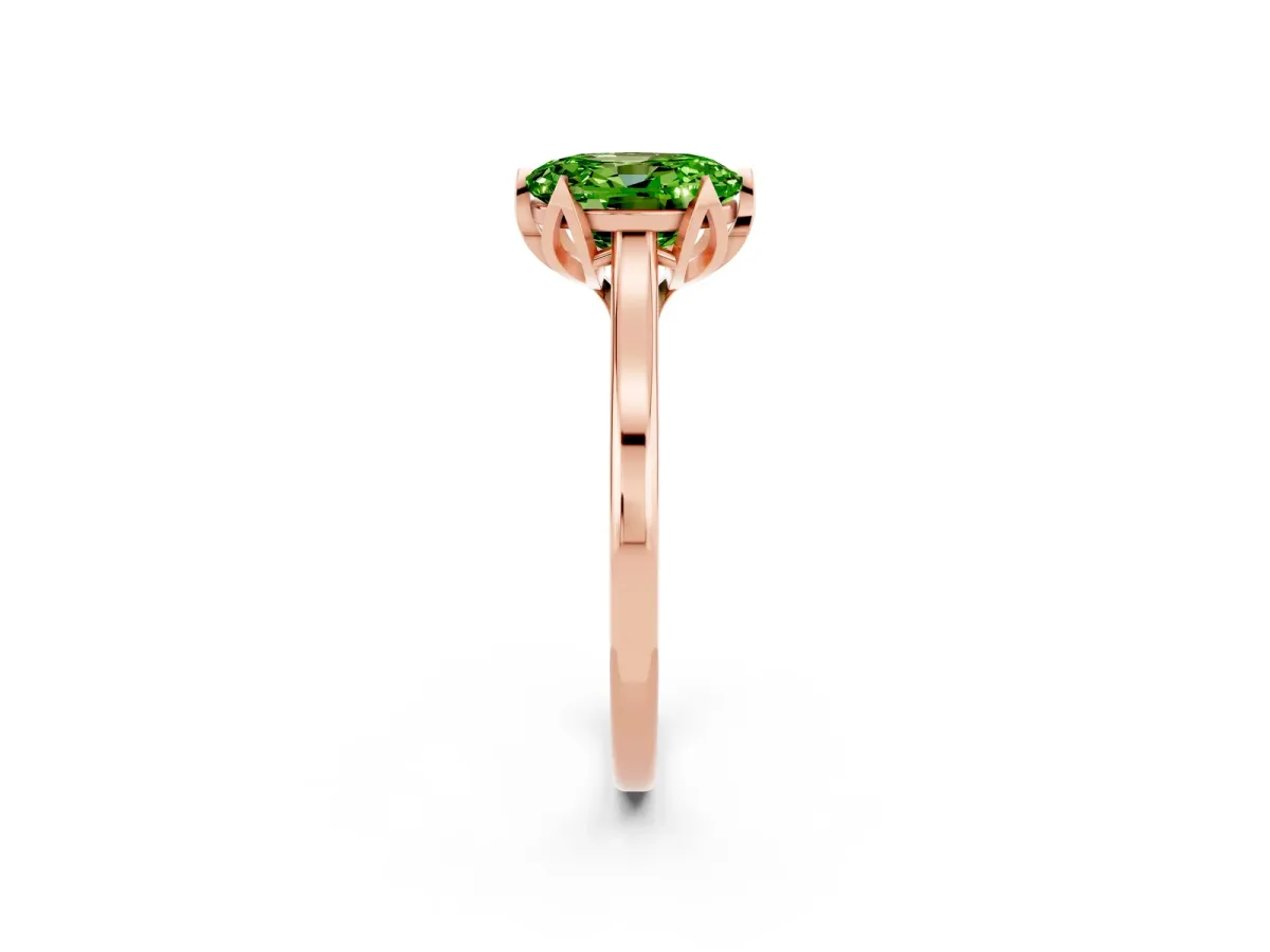 Oval Cut Peridot Solitaire Ring with Flower Prong Setting and Classic Band Rose gold