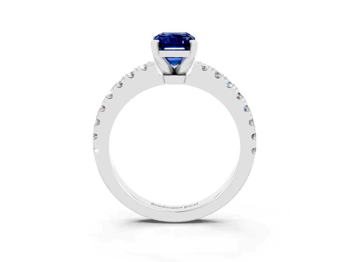 Emerald Cut Solitaire Blue Sapphire with Pavé Band and Four-Prong Setting Silver