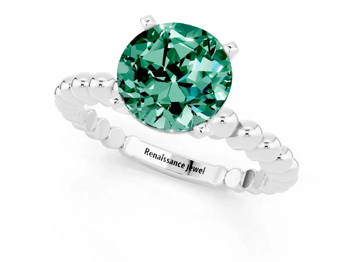 Round Cut Green Sapphire Solitaire Ring with Beaded Band and Prong Setting Silver