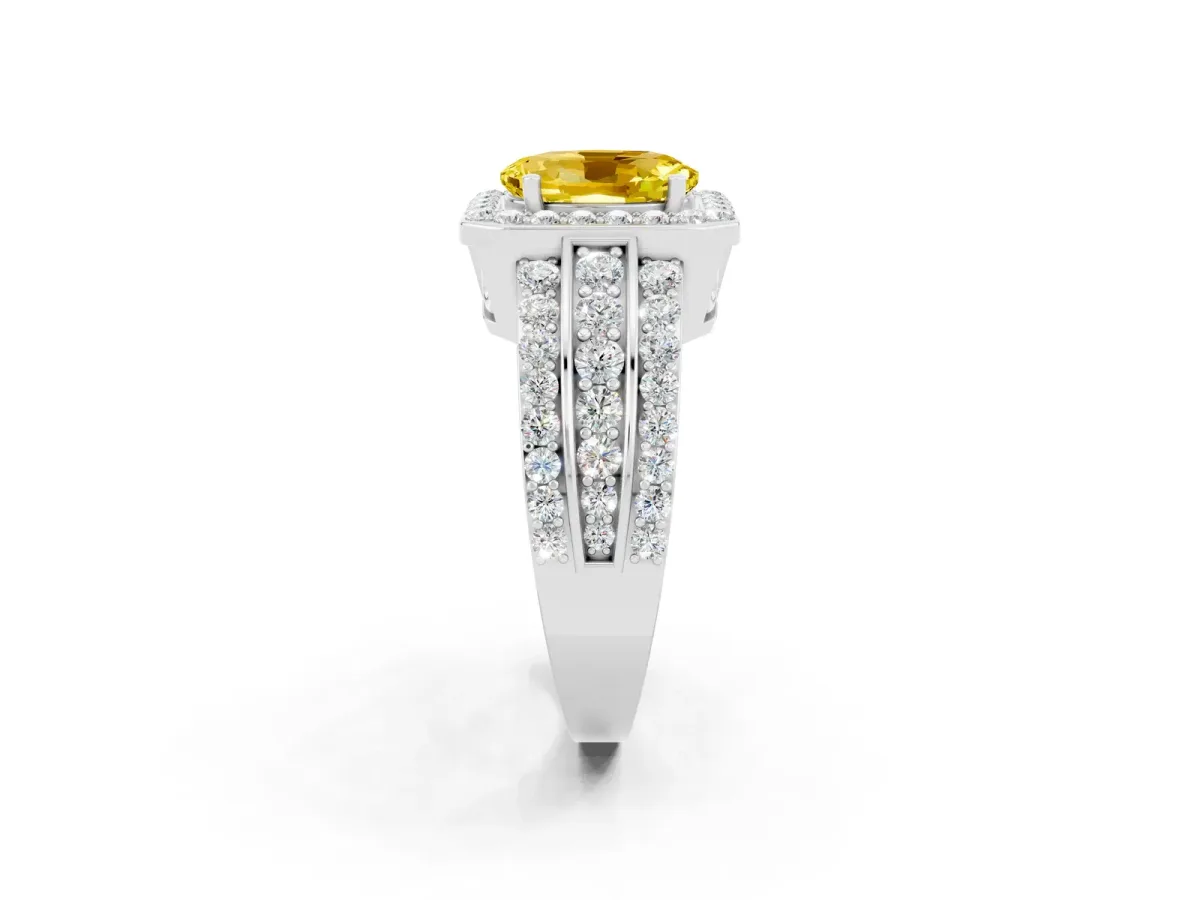 Oval Cut Halo Yellow Sapphire Ring with Round Split Shank and Prong Setting Platinum