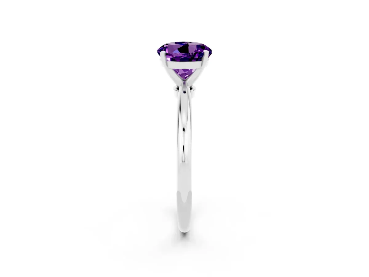 Round Cut Amethyst Solitaire Ring with Six-Prong Setting and Classic Band Silver