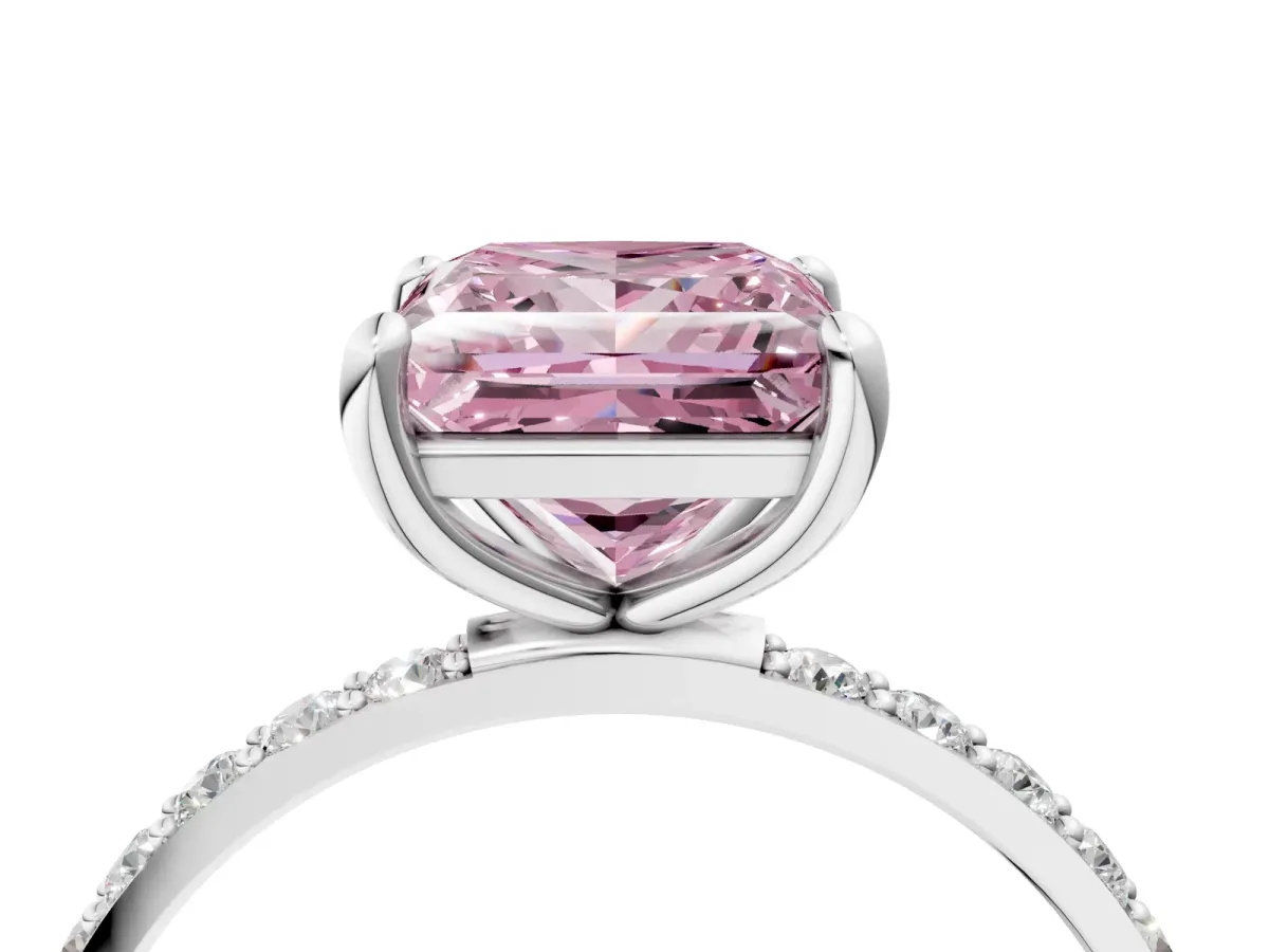 Fancy Pink Princess Cut Diamond Solitaire Ring with Round Pavé Band and Prong Setting Silver