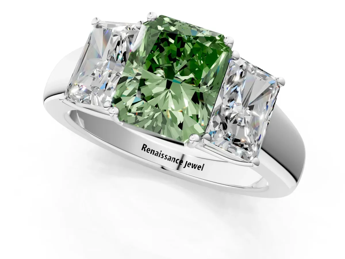 Fancy Green Three-Stone Radiant Cut Cut Diamond Ring with Prong Setting and Classic Band Platinum
