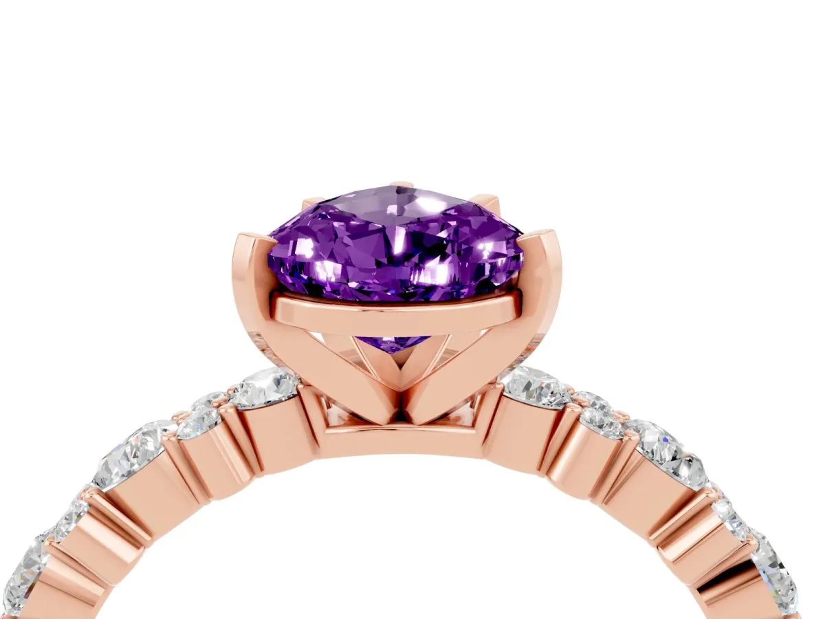 Pear Cut Amethyst Side Stone Solitaire Ring with Round and Four-Prong Setting Rose gold