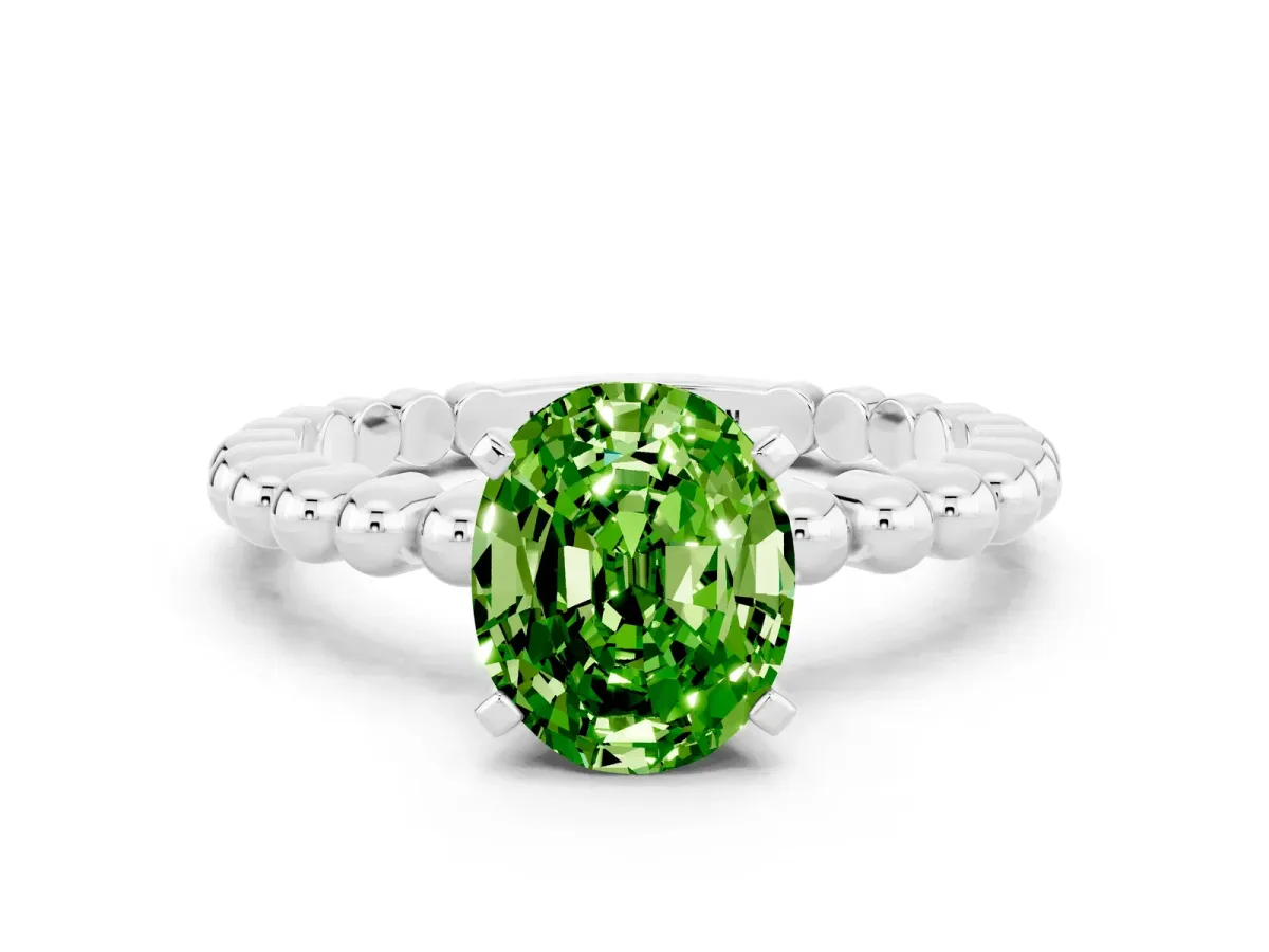 Oval Cut Peridot Solitaire Ring with Beaded Band and Prong Setting Platinum