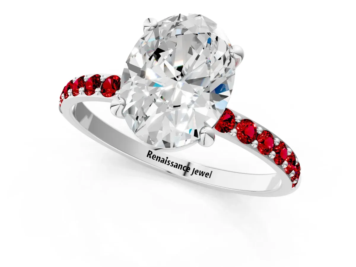 Oval Cut Diamond Solitaire Ring with Round Ruby Pavé Band and Prong Setting Platinum