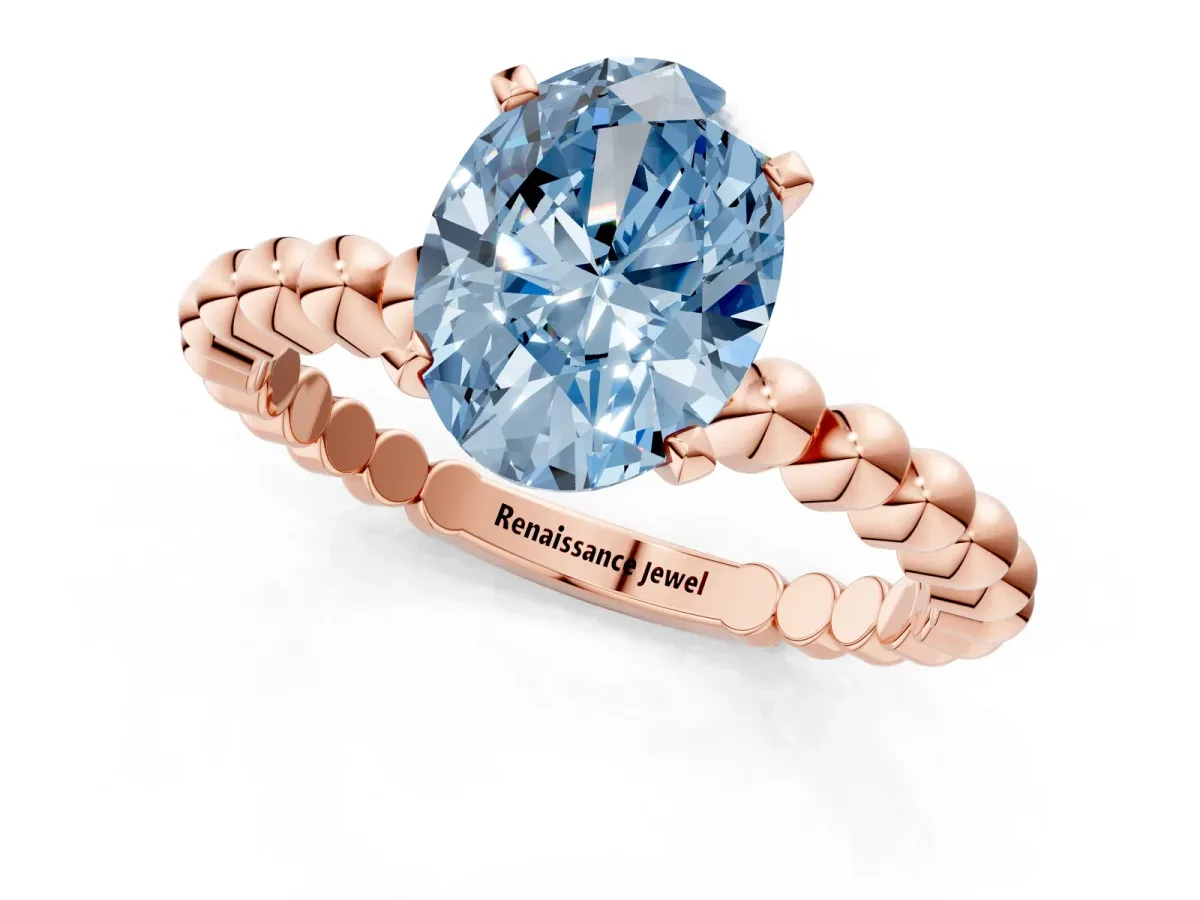 Fancy Blue Oval Cut Diamond Solitaire Ring with Beaded Band and Prong Setting Rose gold