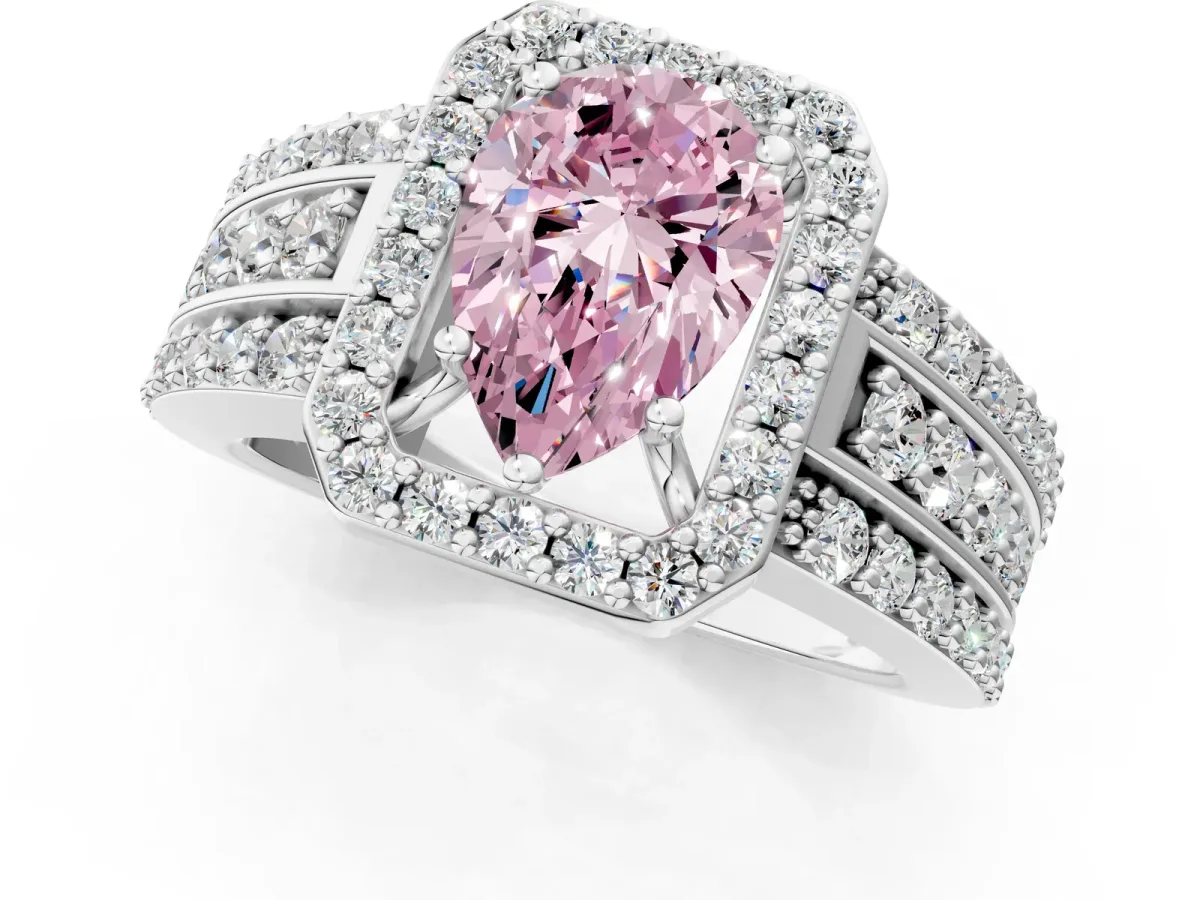 Fancy Pink Pear Cut Halo Diamond Ring with Round Split Shank and Prong Setting White gold