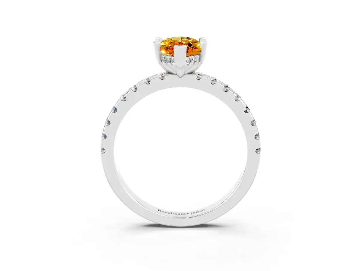 Marquise Cut Citrine Solitaire Ring with Round Pavé Band and Four-Prong Setting Silver