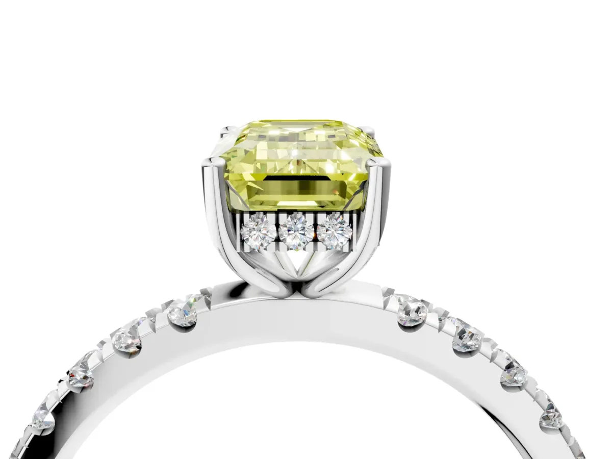 Fancy Yellow Emerald Cut Diamond Pave Band Solitaire Ring with Round and Prong Setting Silver