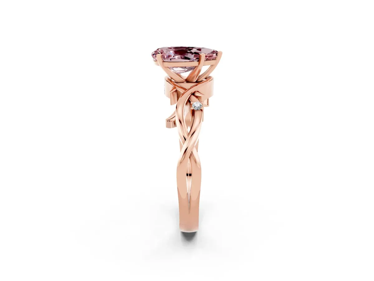 Pear Cut Morganite Solitaire Ring with Twisted Band and Prong Setting Rose gold