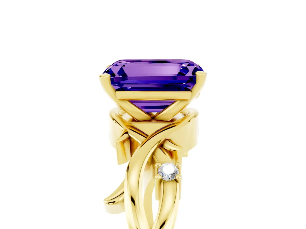Emerald Cut Tanzanite Solitaire Ring with Twisted Band and Prong Setting Yellow gold
