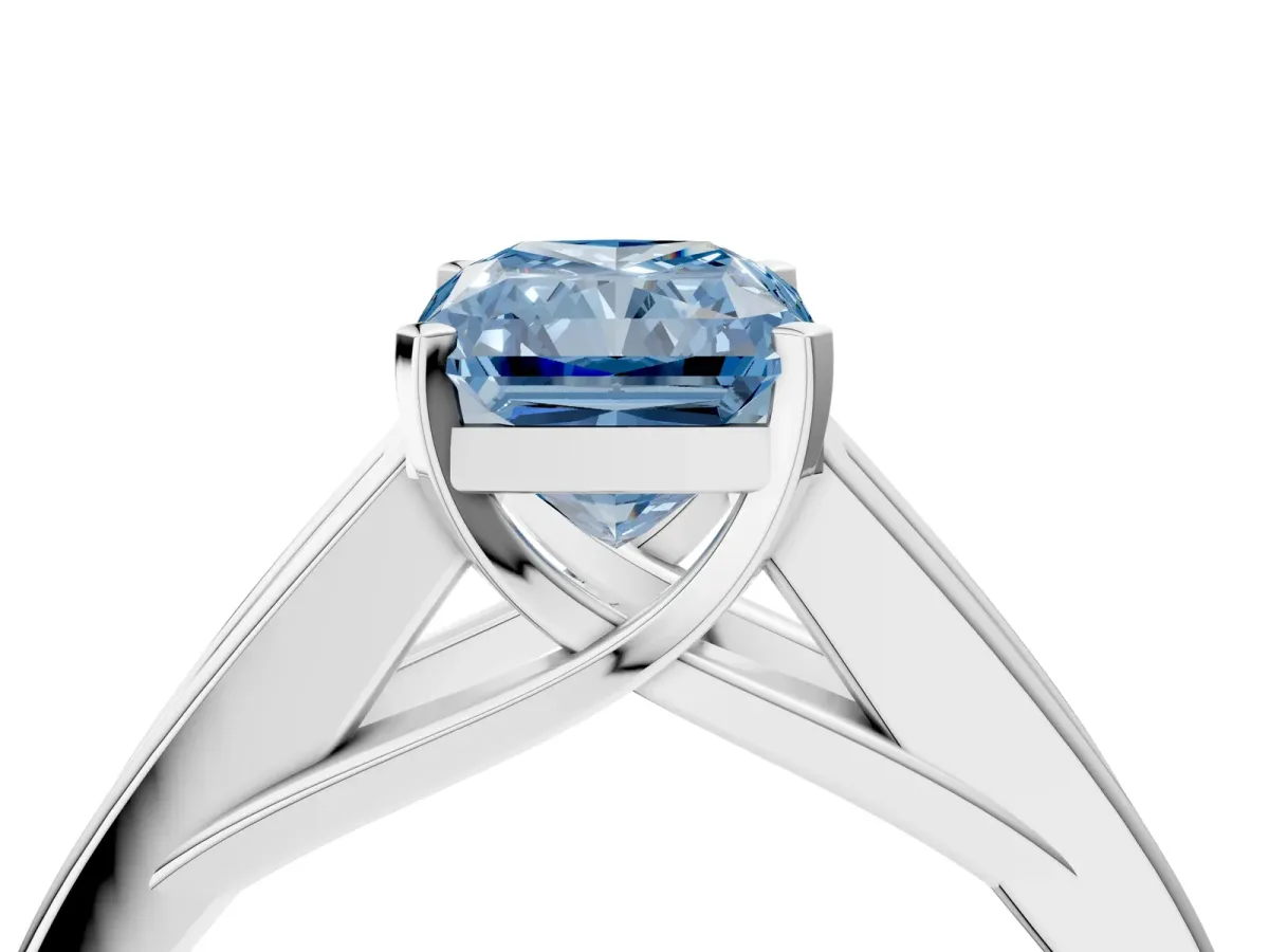 Fancy Blue Radiant Cut Cut Channel Set Solitaire Ring with Four-Prong Setting Platinum