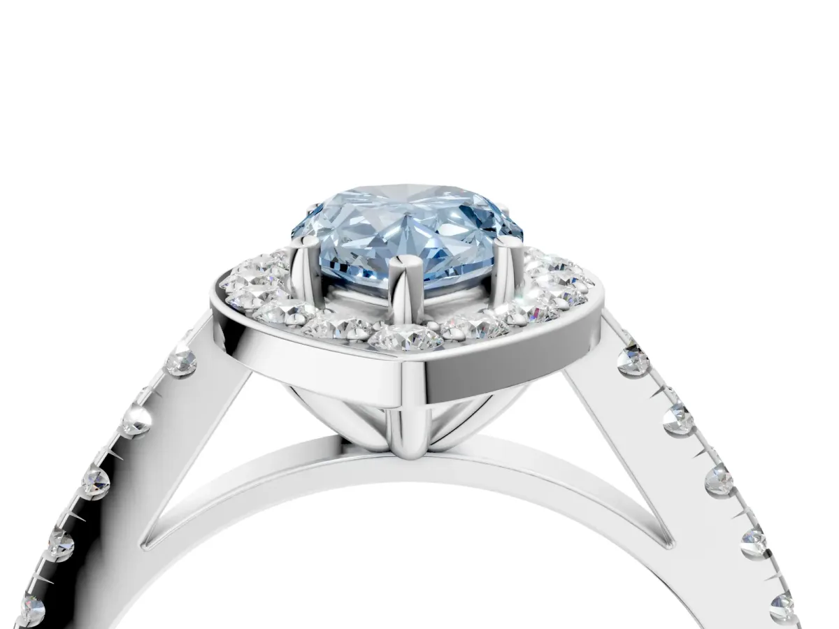 Fancy Blue Pear Cut Diamond Halo Ring with Round Pavé Split Shank and Prong Setting Platinum