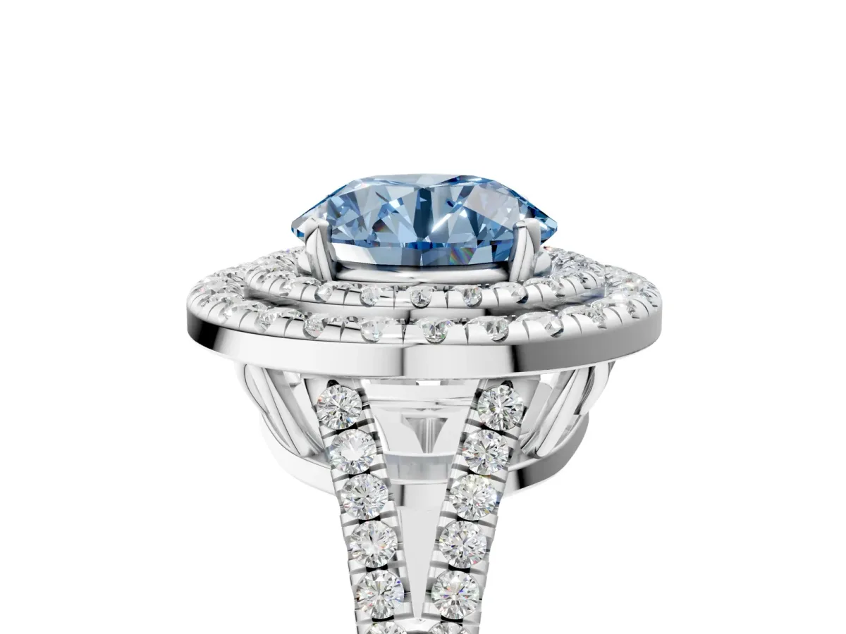Fancy Blue Round Cut Diamond Double Halo Ring with Pavé Band and Prong Setting Silver