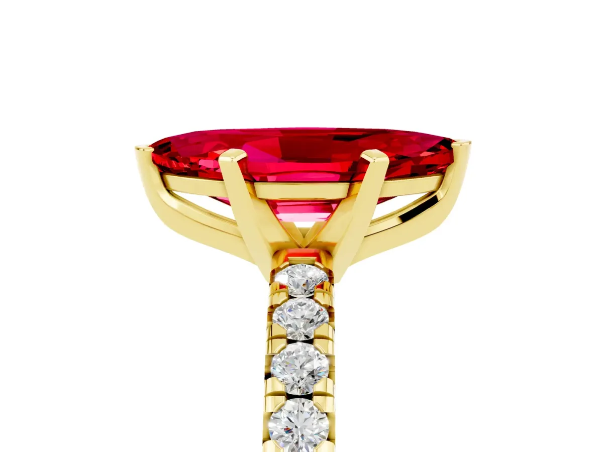 Marquise Cut Ruby Solitaire Pavé Engagement Ring with Round Band and Prong Setting Yellow gold