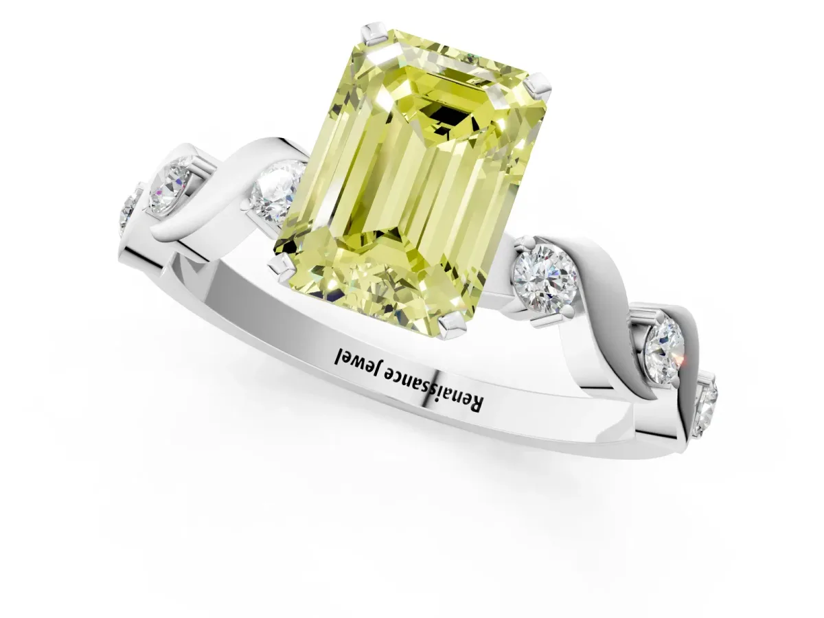Fancy Yellow Emerald Cut Diamond Solitaire Twisted Band with Round Accents and Prong Setting Silver
