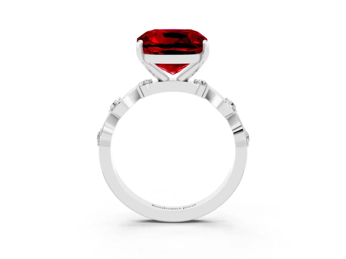 Cushion Cut Ruby Solitaire Twisted Band with Round Accents and Prong Setting Platinum