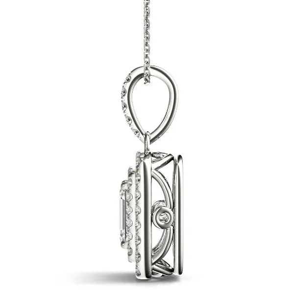 Emerald Cut Double Halo Diamond Pendant with Prong Setting Silver