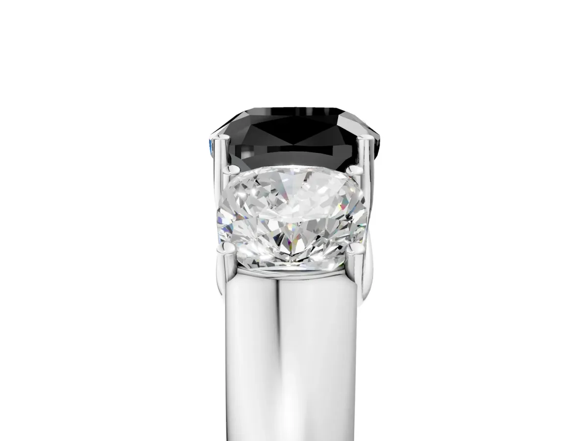 Fancy Black Three-Stone Cushion Cut Cut Diamond Ring with Prong Setting and Classic Band White gold