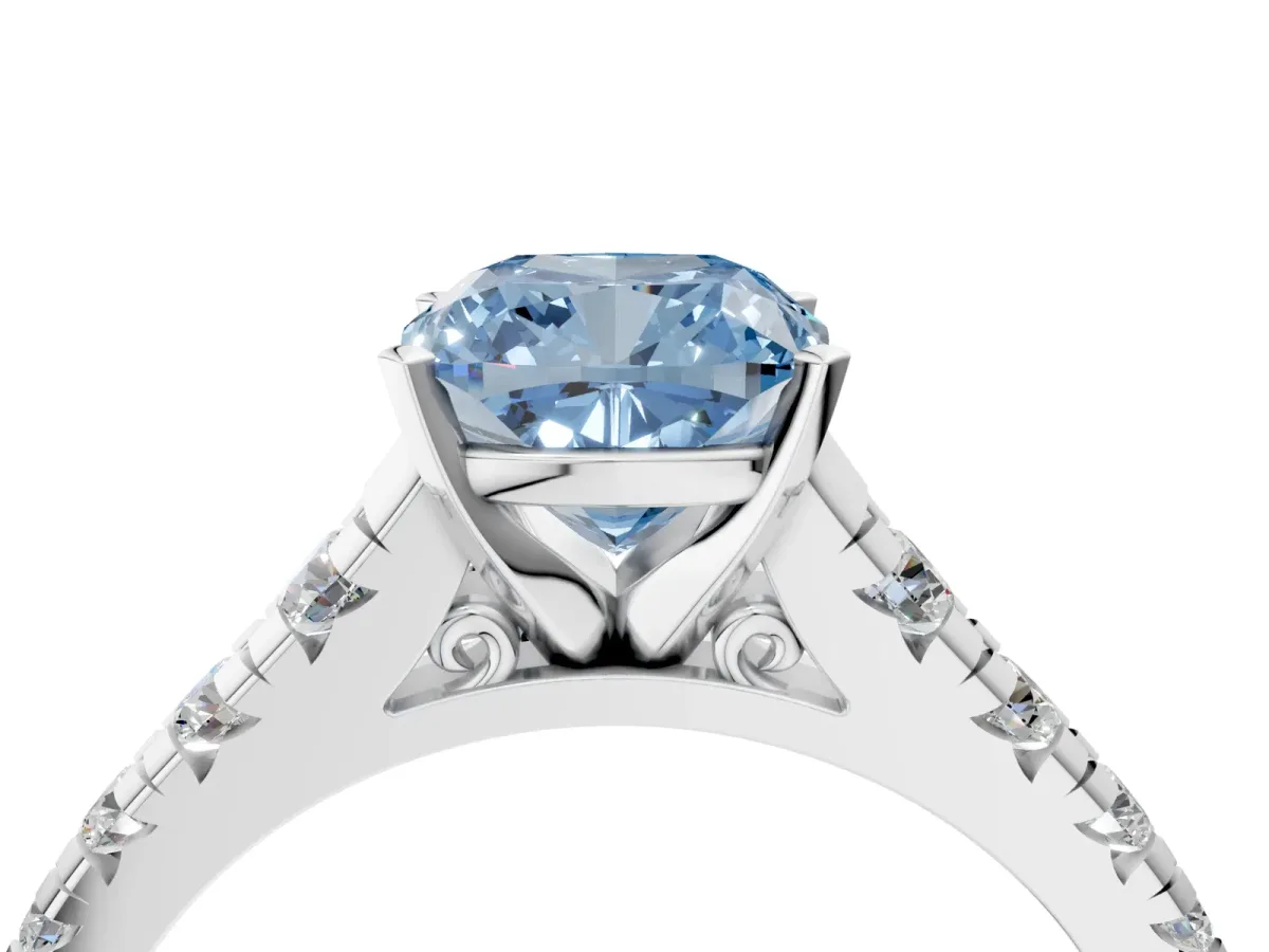 Fancy Blue Cushion Cut Diamond Cathedral Solitaire Ring with Round Pavé Band Silver