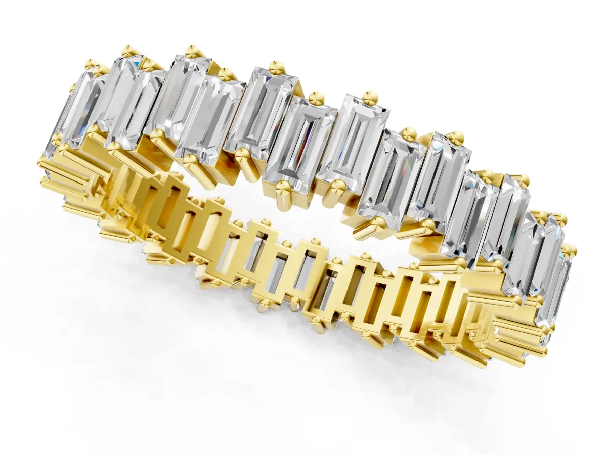 Baguette Diamond Full Eternity Ring with Prong Setting Yellow gold