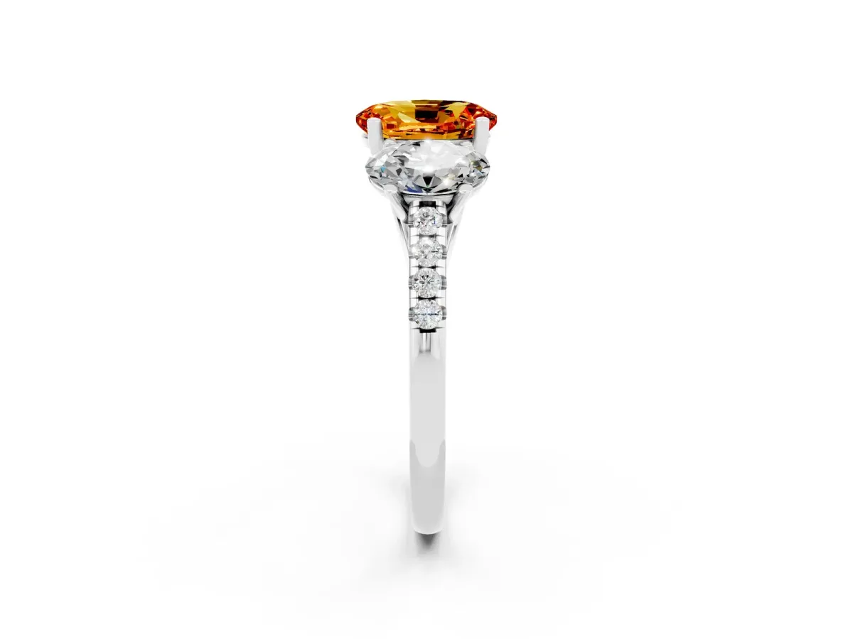 Three-Stone Oval Cut Citrine Ring with Round Pavé Band and Prong Setting Platinum