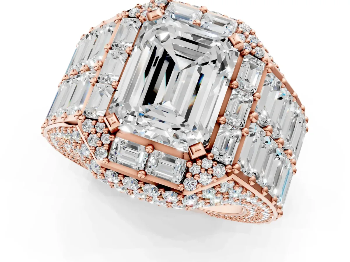 Emerald Cut Diamond Pavé Statement Mens Ring with Baguette Accents Rose gold
