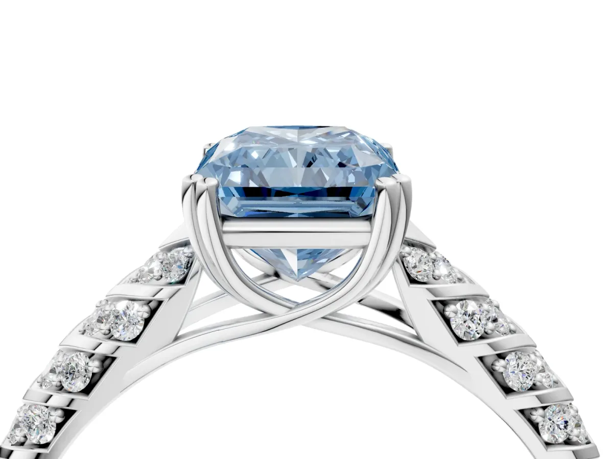 Fancy Blue Radiant Cut Solitaire Chevron Pave Diamond Engagement Ring with Six-Prong Setting Platinum