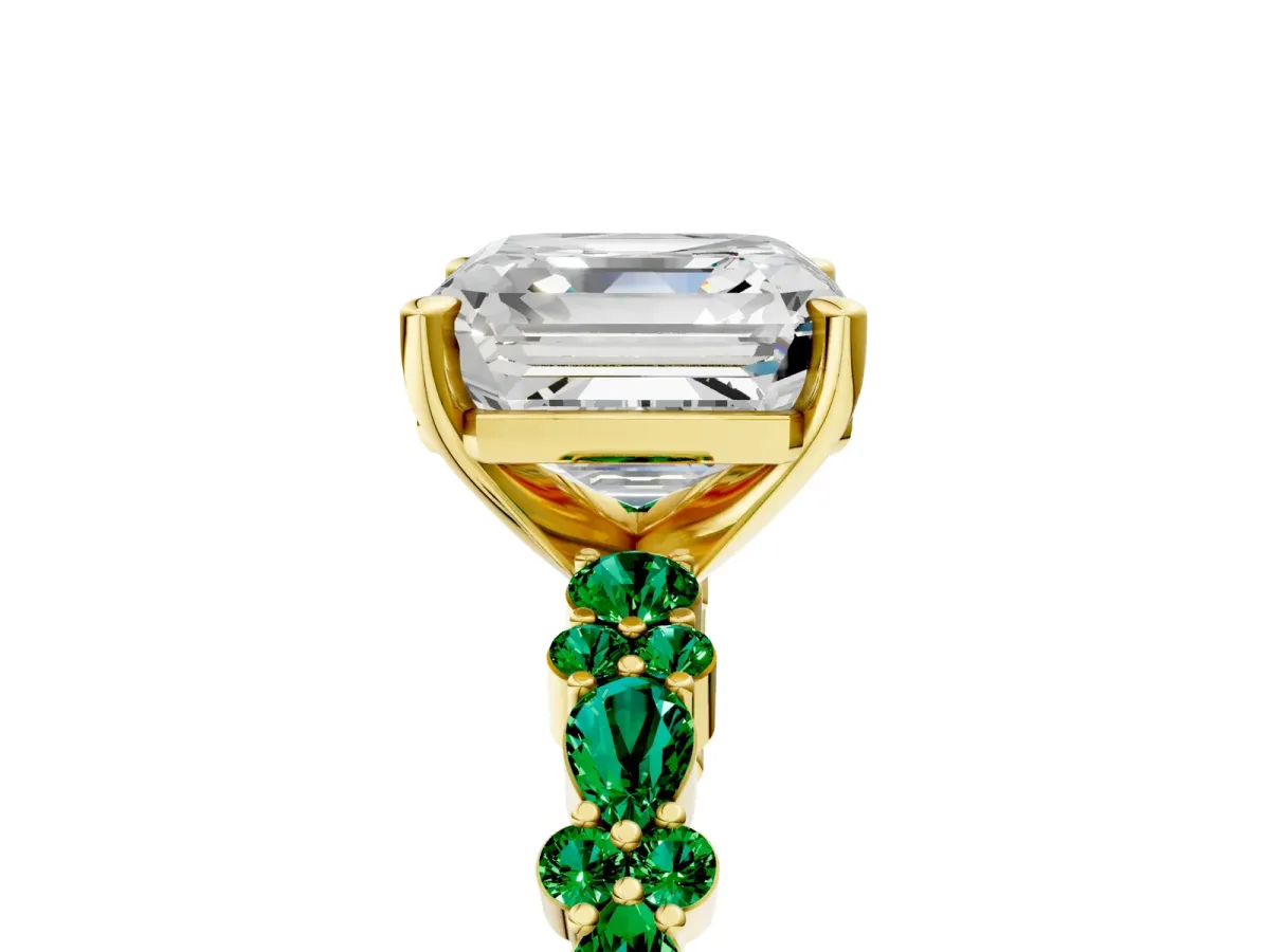 Asscher Cut Diamond Side Stone Solitaire Ring with Round Emerald and Four-Prong Setting Yellow gold