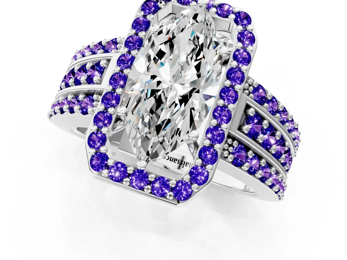 Marquise Cut Halo Diamond Ring with Round Tanzanite Split Shank and Prong Setting Silver