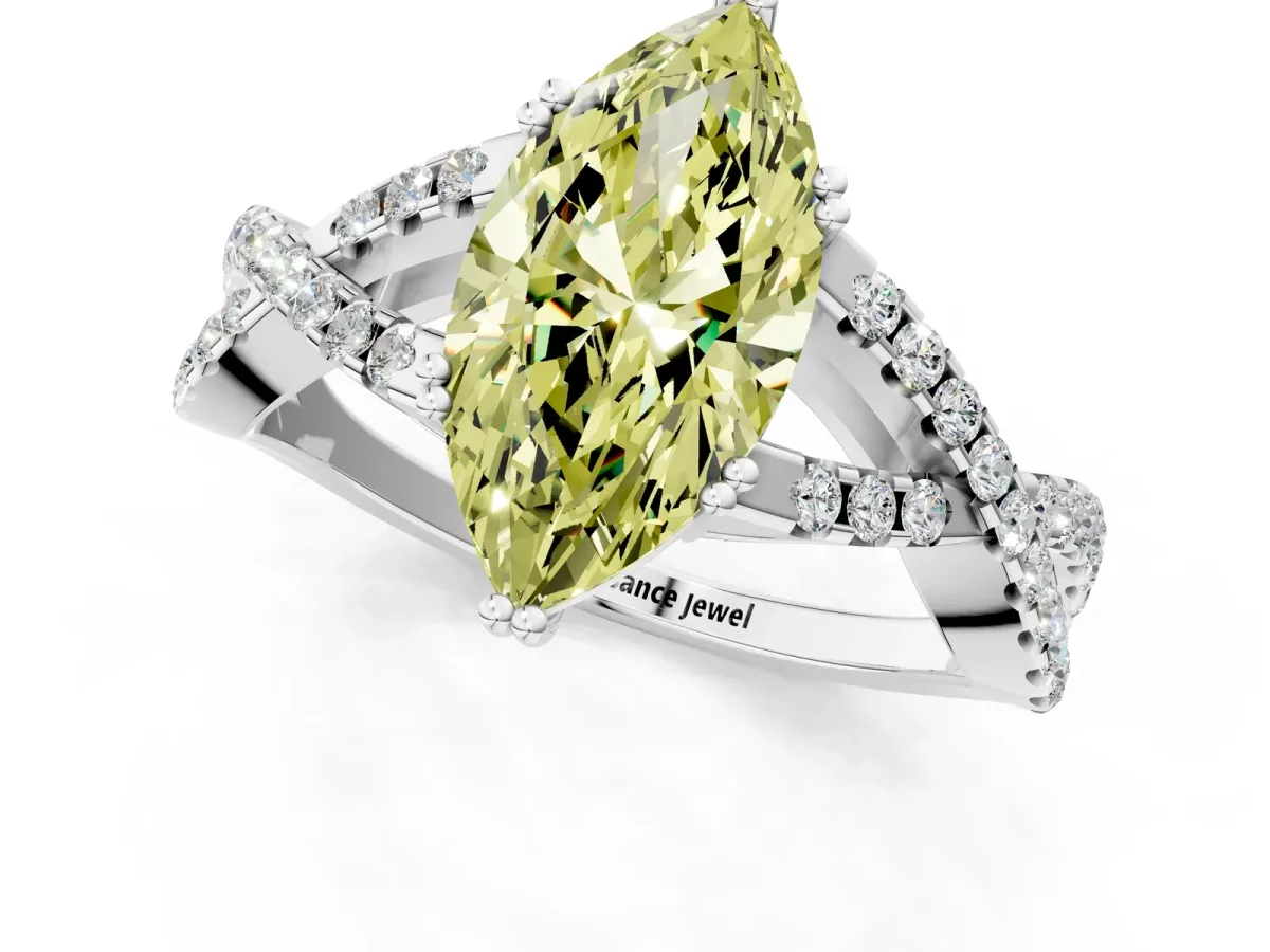Fancy Yellow Marquise Cut Diamond Solitaire Ring with Four-Prong Setting and Twisted Pavé Band Silver