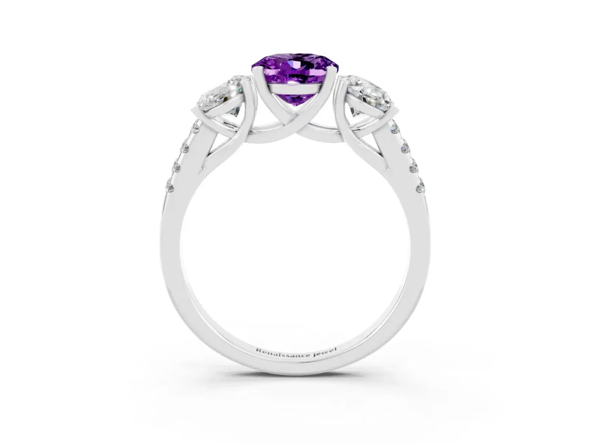 Three-Stone Oval Cut Amethyst Ring with Round Pavé Band and Prong Setting Platinum