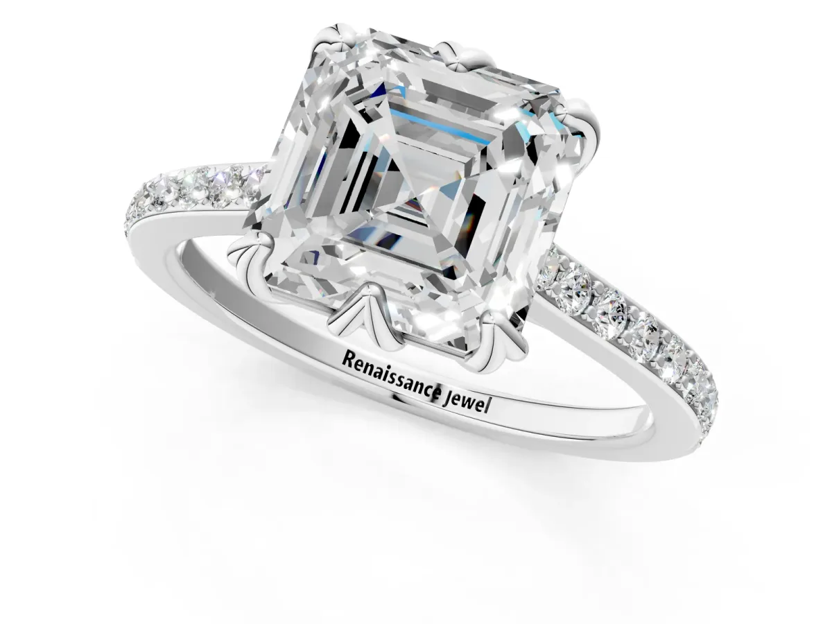 Asscher Cut Solitaire Diamond Engagement Ring with Pave Band and Six-Prong Setting Platinum