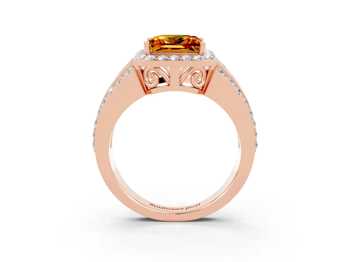 Princess Cut Halo Citrine Ring with Round Split Shank and Prong Setting Rose gold