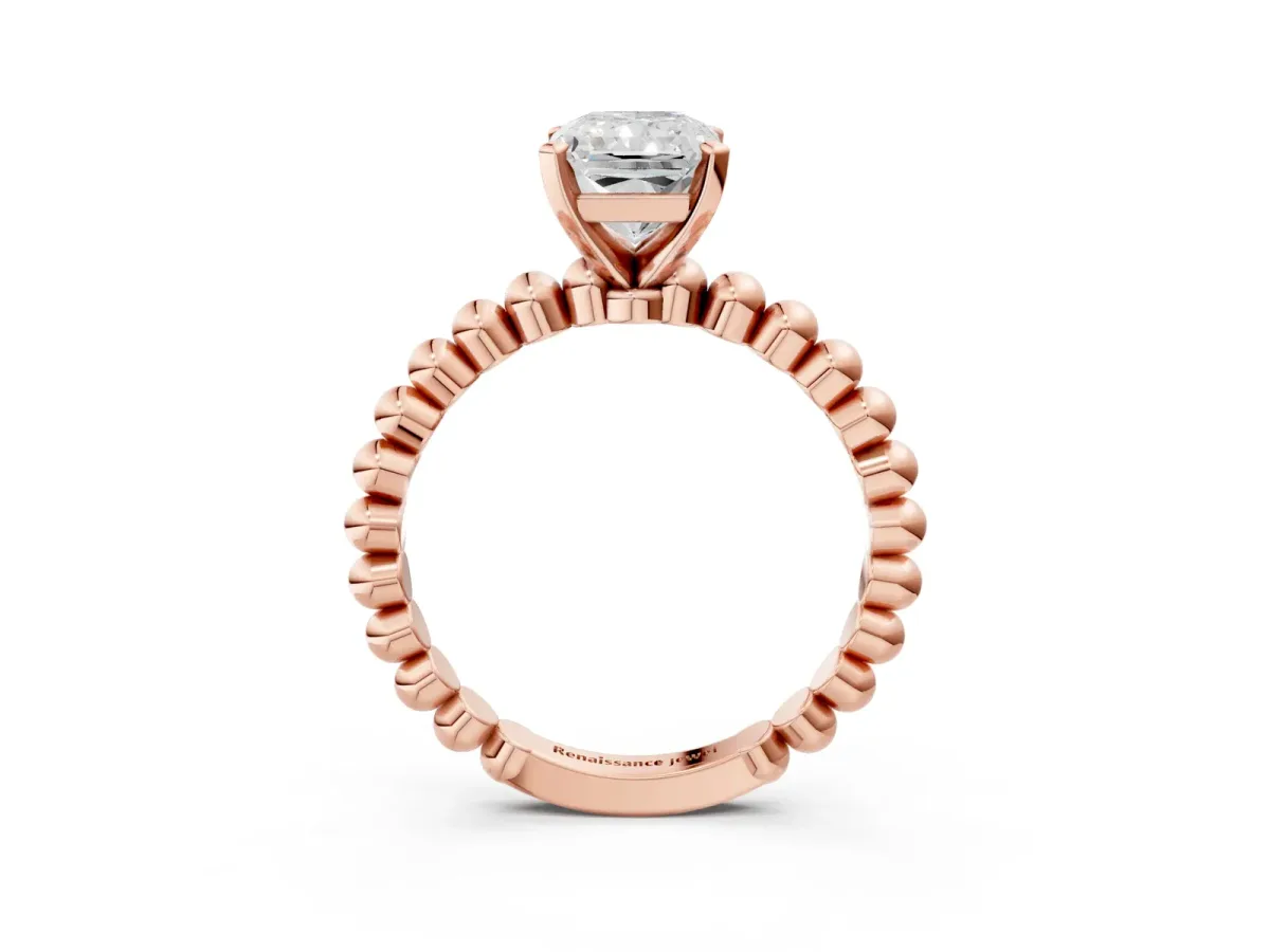 Radiant Cut Diamond Solitaire Ring with Beaded Band and Prong Setting Rose gold