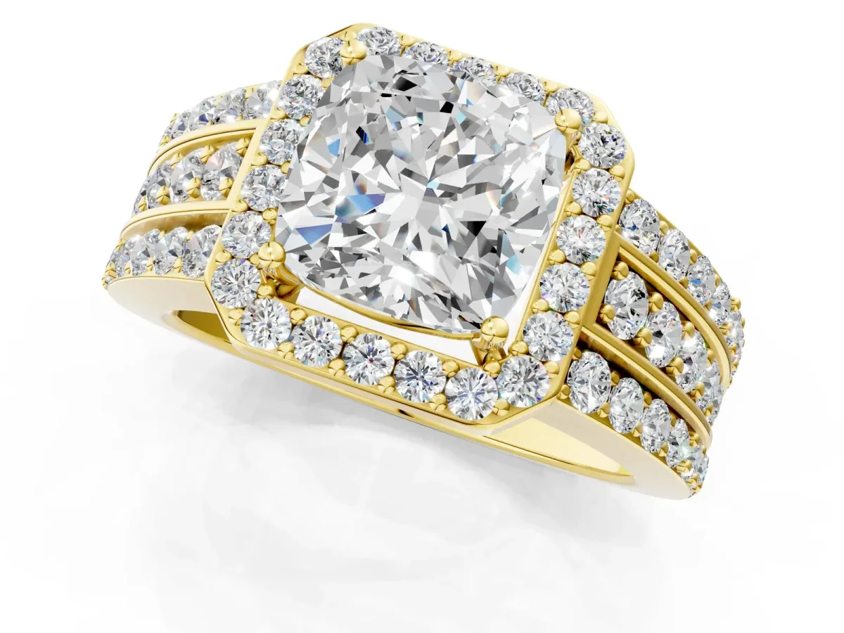 Cushion Cut Halo Diamond Ring with Round Split Shank and Prong Setting Yellow gold
